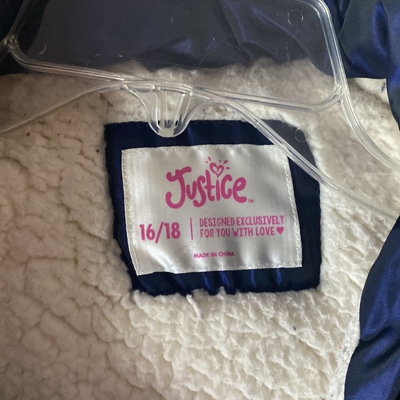 EUC Girls Justice Metallic Navy Puffer Coat with Sherpa Lining - Picture 3 of 7